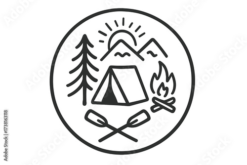 Summer camp adventure logo. Outdoor camping line art icon. Hand drawn nature emblem with tent, campfire, mountains, pine tree and paddles. Vector doodle for hiking and travel.