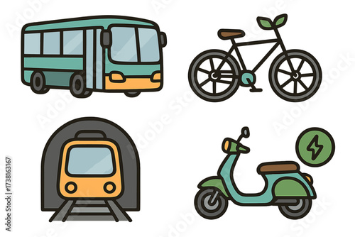 Urban transport icon set for public mobility and eco-friendly travel. Vector cartoon illustration of bus, train, subway, bicycle, and electric scooter symbols for city life.