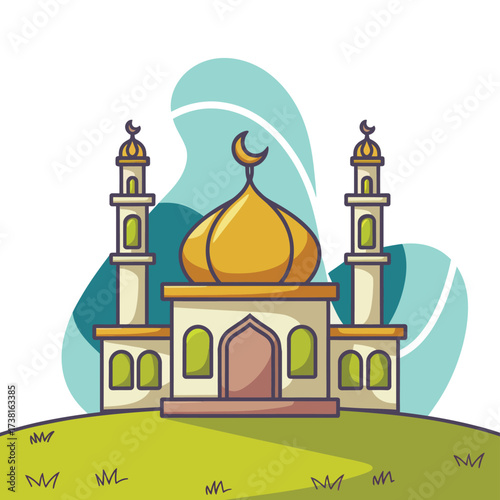 Cartoon mosque illustration on hill, Islamic architecture outline art, golden dome minarets, green grass background