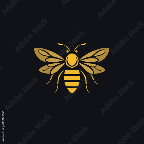 Golden stylized bee with detailed wings and striped abdomen, centered on a dark background.