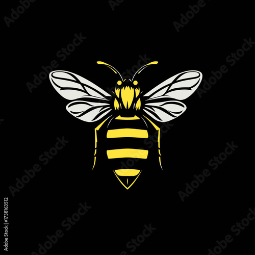 Illustration of a bee with yellow and white stripes and wings on a black background.