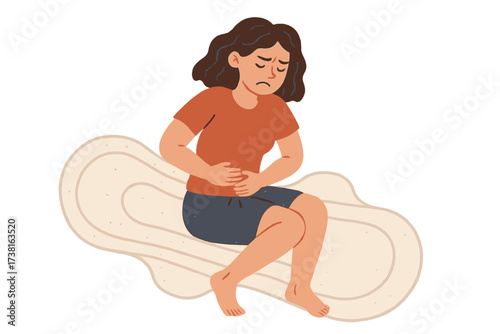 Menstrual pain and period cramps, woman holding abdomen, hand drawn female suffering from stomach ache, menstruation, premenstrual syndrome, huge sanitary pad, feminine hygiene, PMS discomfort