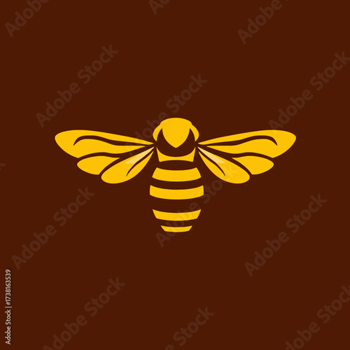 A stylized illustration of a bee with golden yellow wings and striped body, set against a dark brown background.