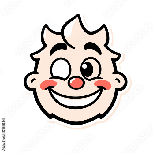 A cheerful cartoon face winks, smiles, and expresses playful happiness with rosy cheeks.