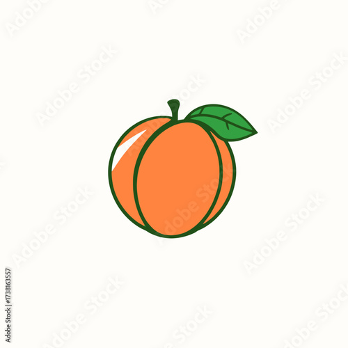 A stylized illustration of a ripe peach with a green leaf, isolated on white.