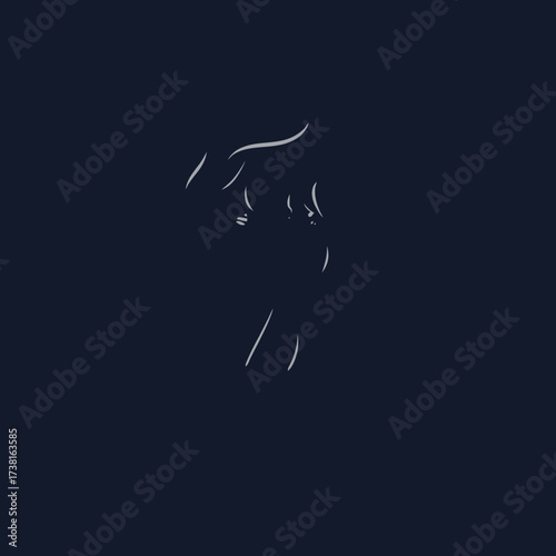 Minimalist line drawing of a person's face and neck against a dark blue background.