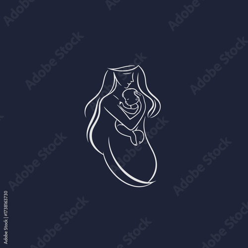 Stylized line art depicts a mother tenderly holding her baby in her arms.