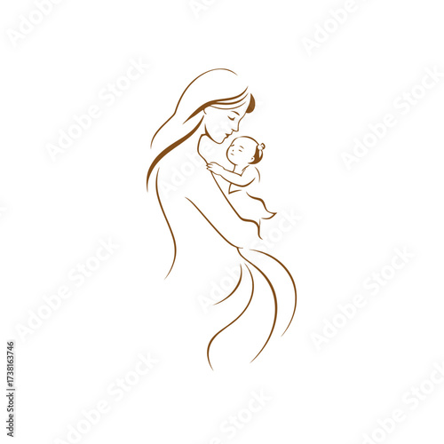 Minimalist illustration of a mother tenderly holding her baby, depicted with flowing lines in a serene and loving embrace.