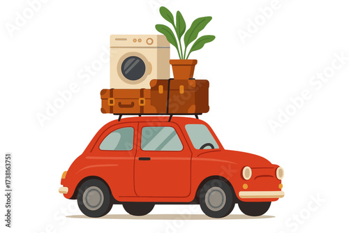 Vintage red car loaded with suitcases, washing machine, and potted plant on roof rack, moving day concept, flat vector illustration, transportation of furniture on white background, side view