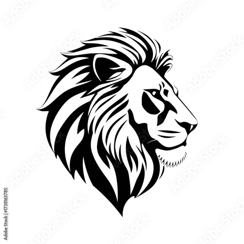 Striking black and white illustration of a lion's head in profile, showcasing its majestic mane and powerful features.