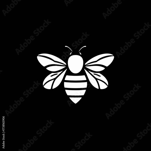 A simple, stylized, white illustration of a bee against a black background.