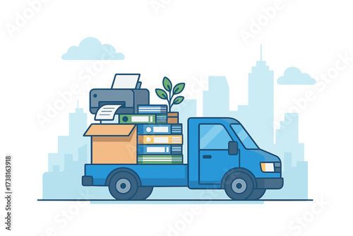 Corporate moving service for business relocation. Truck with office equipment like printer, boxes, folders moving to a new place. Company transfer concept vector illustration.