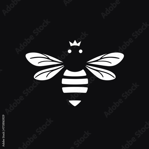 Simple illustration of a bee with a crown, rendered in white on a black background.