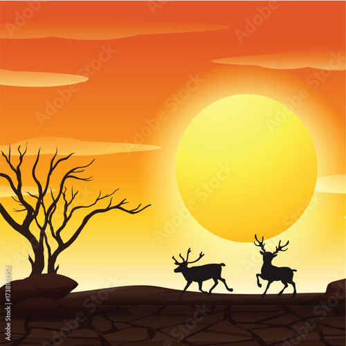 Sunset Silhouettes of Deer in Arid Landscape || Two Reindeer Silhouettes at Golden Sunset || Vector