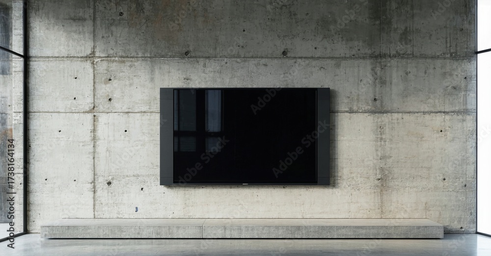 Fototapeta premium Minimalist interior features wallmounted television above concrete console. Rough texture contrasts sleek display. Modern design, neutral tones dominate space.