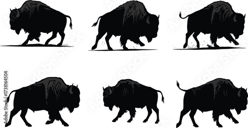 Silhouette collection of wild bison animals in black vector style, isolated buffalo shapes for wildlife, nature, decoration, logo, design