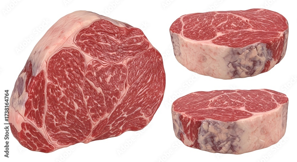 Obraz premium Raw Beef Cuts Including a Large Roast and Two Thick Steaks Keywords: beef, raw, meat, steak, roast, marbled, fat, red