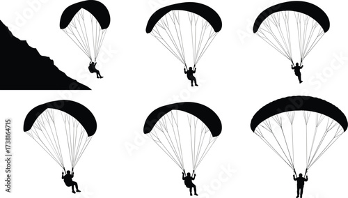 Paragliding silhouette vector set showing launch, flight, and descent stages with canopy, mountain slope, adventure sport, extreme outdoor activity illustration
