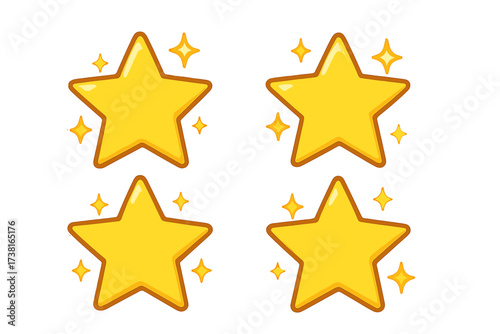 Bright cartoon star symbols with shine effect, flat style vector illustration set, sparkling golden stars icons with transparent background for design and decoration