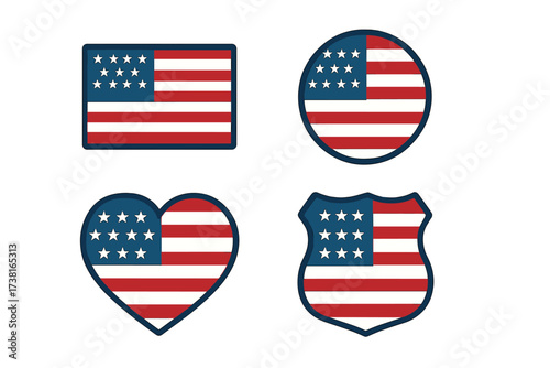 United States flag vector set in cartoon style with transparent background, including rectangular, circular, heart, and shield shapes, patriotic national symbols, USA colors and stars