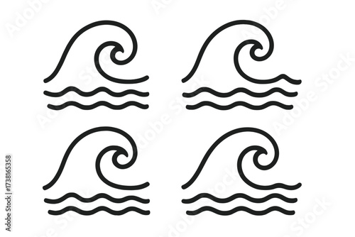 Wave icon set in minimalistic line style, water wave symbols, ocean curling waves illustrations, black outline vector graphics with transparent background, isolated design elements