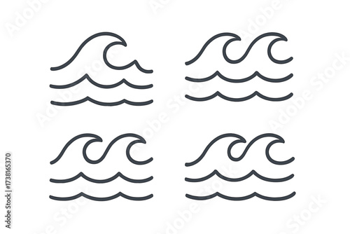 Set of minimalist wave icons, line art water symbols, ocean wave designs, simple vector illustrations with transparent background, seamless water patterns for graphic design and branding