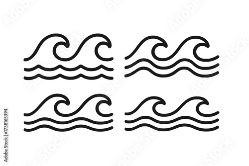 Line Style Water Wave Icon Set - Vector Cartoon Illustration with Transparent Background, Water Splash Symbols, Water Flow Icons, Water Waves for Aquatic Design Projects
