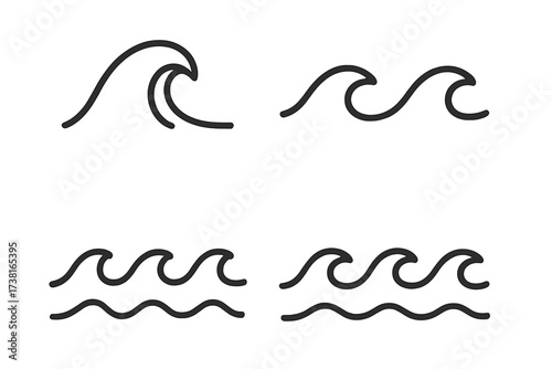 Wave icon set in line style, water symbol vector collection with transparent background, minimalist ocean waves illustration, sea and surf elements for design use