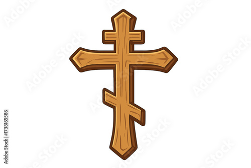 Wooden Orthodox Cross Symbol Icon, Religious Christian Cross Vector Illustration, Carved Wood Texture Design with Transparent Background, Spiritual and Faith Concept