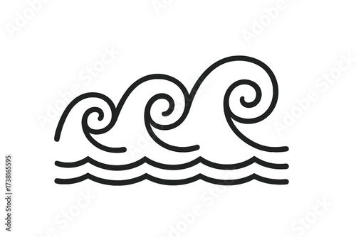 Linear style wave icon with swirling water curls, vector cartoon illustration of ocean waves with transparent background, simple minimalistic water symbol, marine design element