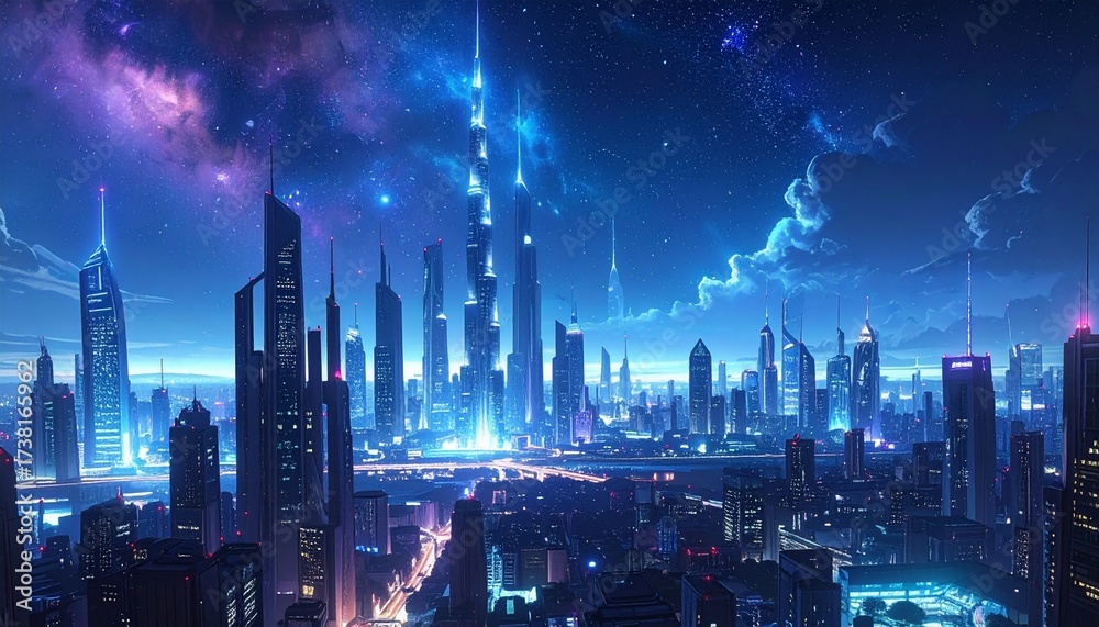 Obraz premium Surreal panoramic cityscape at night with shimmering futuristic skyscrapers under a vast cosmic sky filled with glowing stars and nebula clouds. The architecture blends sleek modern towers with retro.