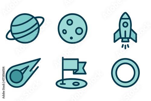 Collection of space exploration icons featuring planets, rockets, and celestial bodies