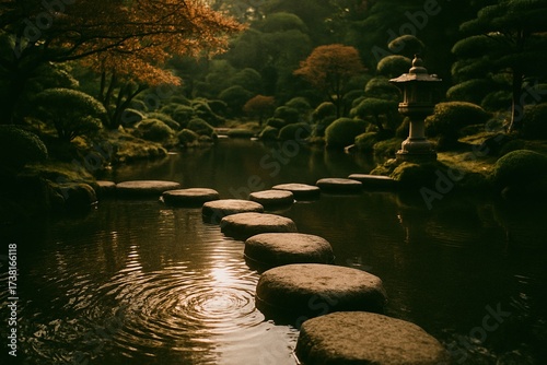 A serene Japanese garden with a small pond surrounded by smooth stepping stones, reflecting the soft glow of morning light, with gentle ripples on the water.