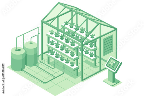 Modern hydroponic vertical farm greenhouse with automated plant cultivation system