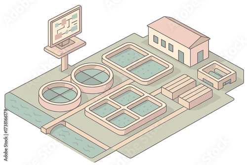 Isometric diagram of a modern wastewater treatment plant with purification processes