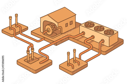 Isometric view of an industrial energy system with cooling unit and interconnected piping