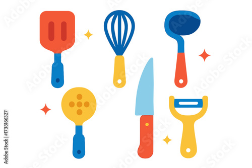 Collection of essential kitchen utensils and cooking tools for culinary preparation