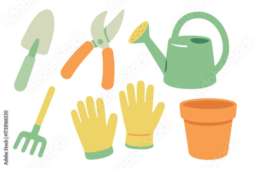 Collection of essential gardening tools and equipment for planting and cultivation