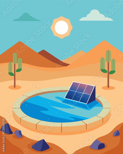 A serene pond in a desert oasis with a floating solar array providing a vital source of electricity for the small community living amidst the harsh environment.. Vector illustration