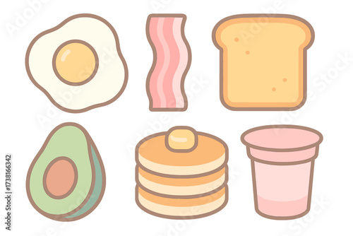 Delicious breakfast food icons set with fried egg, bacon, toast, avocado, pancakes, and yogurt