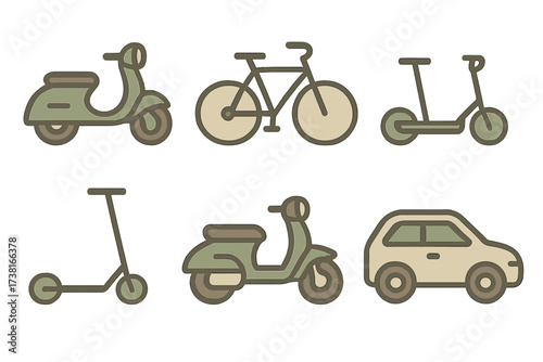 Collection of various urban transportation vehicles and personal mobility options
