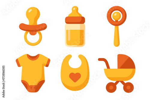 Collection of essential baby items including pacifier bottle rattle onesie bib and stroller