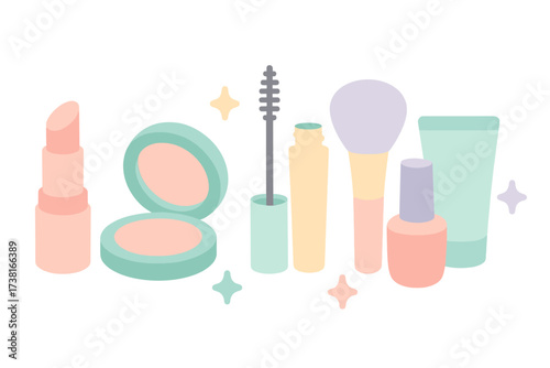 Collection of essential beauty and cosmetic products for daily makeup routine
