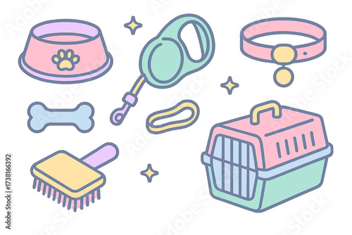 Collection of essential pet care items and dog accessories for daily animal needs