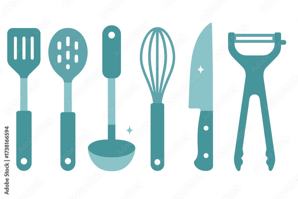 Fototapeta premium Collection of essential kitchen utensils and cooking tools for home chefs