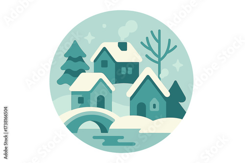 Cozy winter village scene with snow-covered houses, evergreen trees, and a frozen river under a soft sky