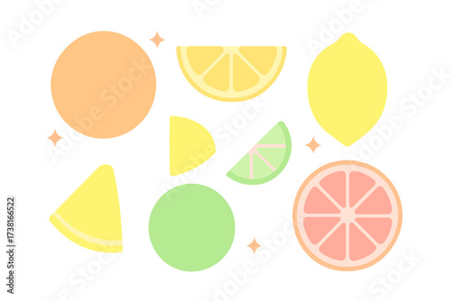 Colorful collection of whole and sliced citrus fruits with sparkling accents