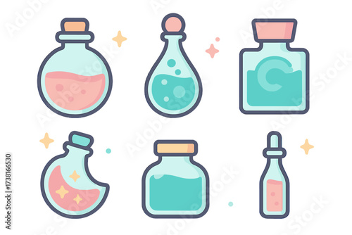 Assortment of vibrant magic potion bottles and alchemical elixirs with sparkling details and corks