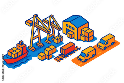 Global logistics and transportation network featuring cargo ship, cranes, warehouse, train, and delivery vans