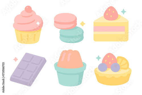 Collection of cute pastel desserts including cupcakes, macarons, cake, and fruit tarts